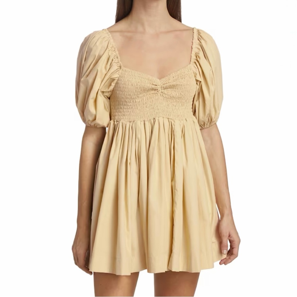 NWT Puff-Sleeve Smocked Mini Dress in Light Beige